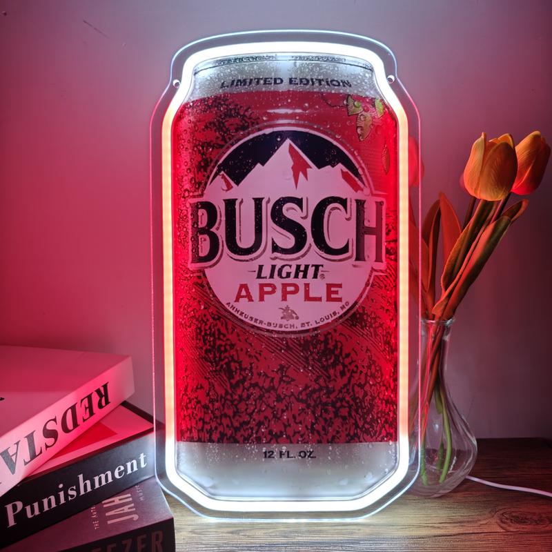 Busch Apple Neon Sign LED 6.7x11.8 inch Beer Can Decor, USB Powered Acrylic Panel Light, Pre-Drilled Holes Easy to Hang