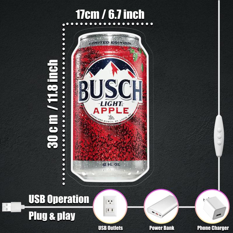 Busch Apple Neon Sign LED 6.7x11.8 inch Beer Can Decor, USB Powered Acrylic Panel Light, Pre-Drilled Holes Easy to Hang